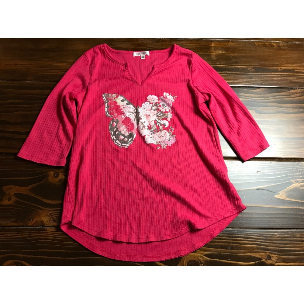 Daily Thread Shirt, Women's Size Small, Pink, Butterfly, Long Sleeve, Ribbed